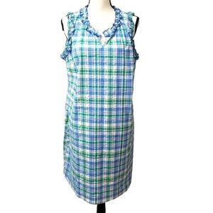 KIM ROGERS Cottagecore Summer Blue & Green Ruffle Cotton Plaid Shift Dre…